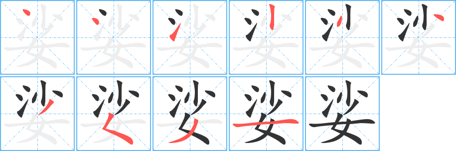 娑字的笔顺分步演示